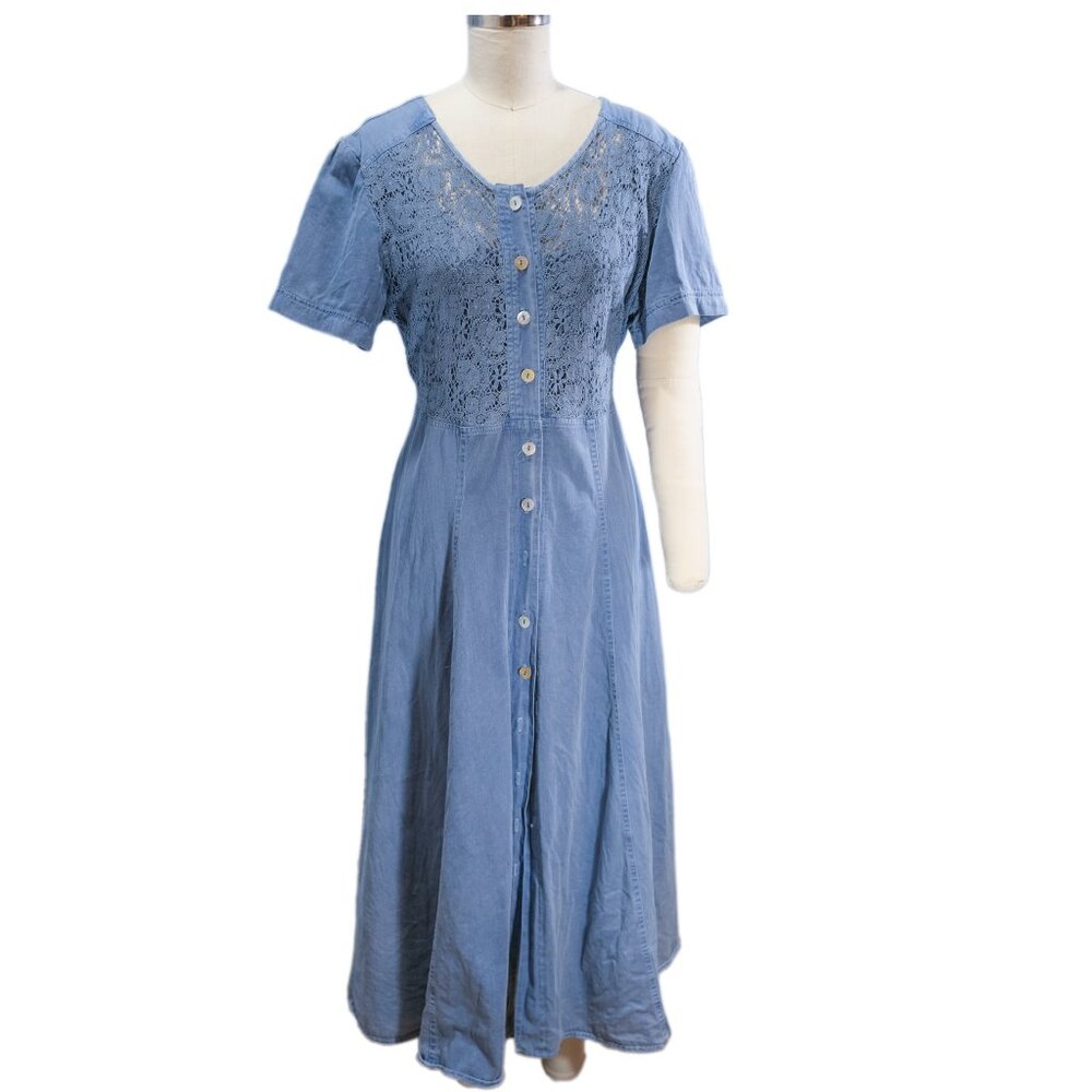 Vintage 80's Piccalino Petites Blue Chambray Maxi Dress Size Medium - Pre-owned